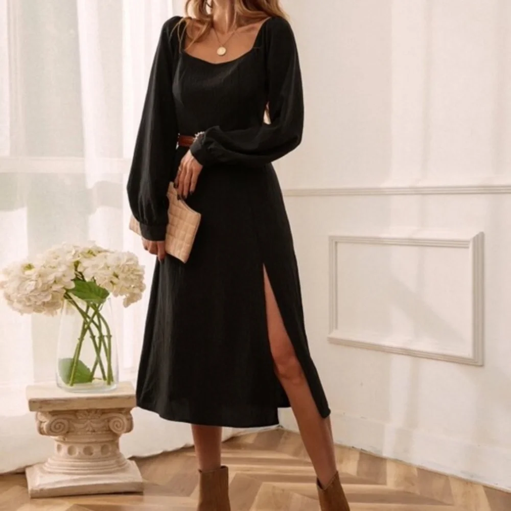 Black Solid Classic Midi Dress Minimalist A-line Work Office - Picture 5 of 6